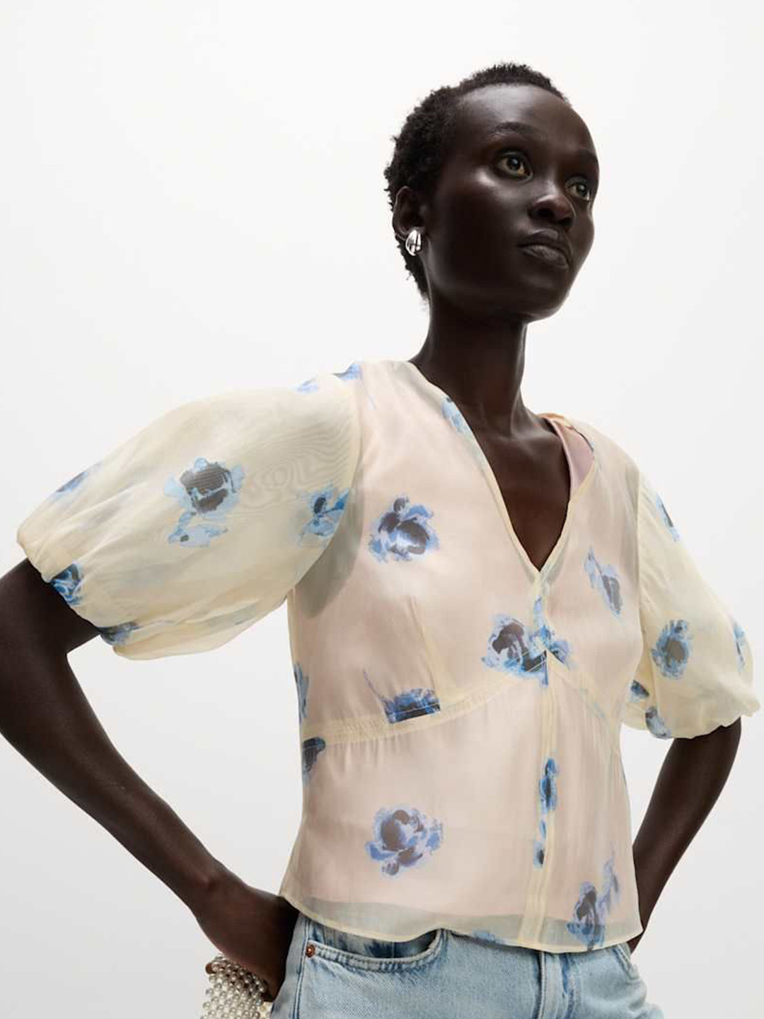 Marks & Spencer Women's Floral V-Neck Puff Sleeve Top