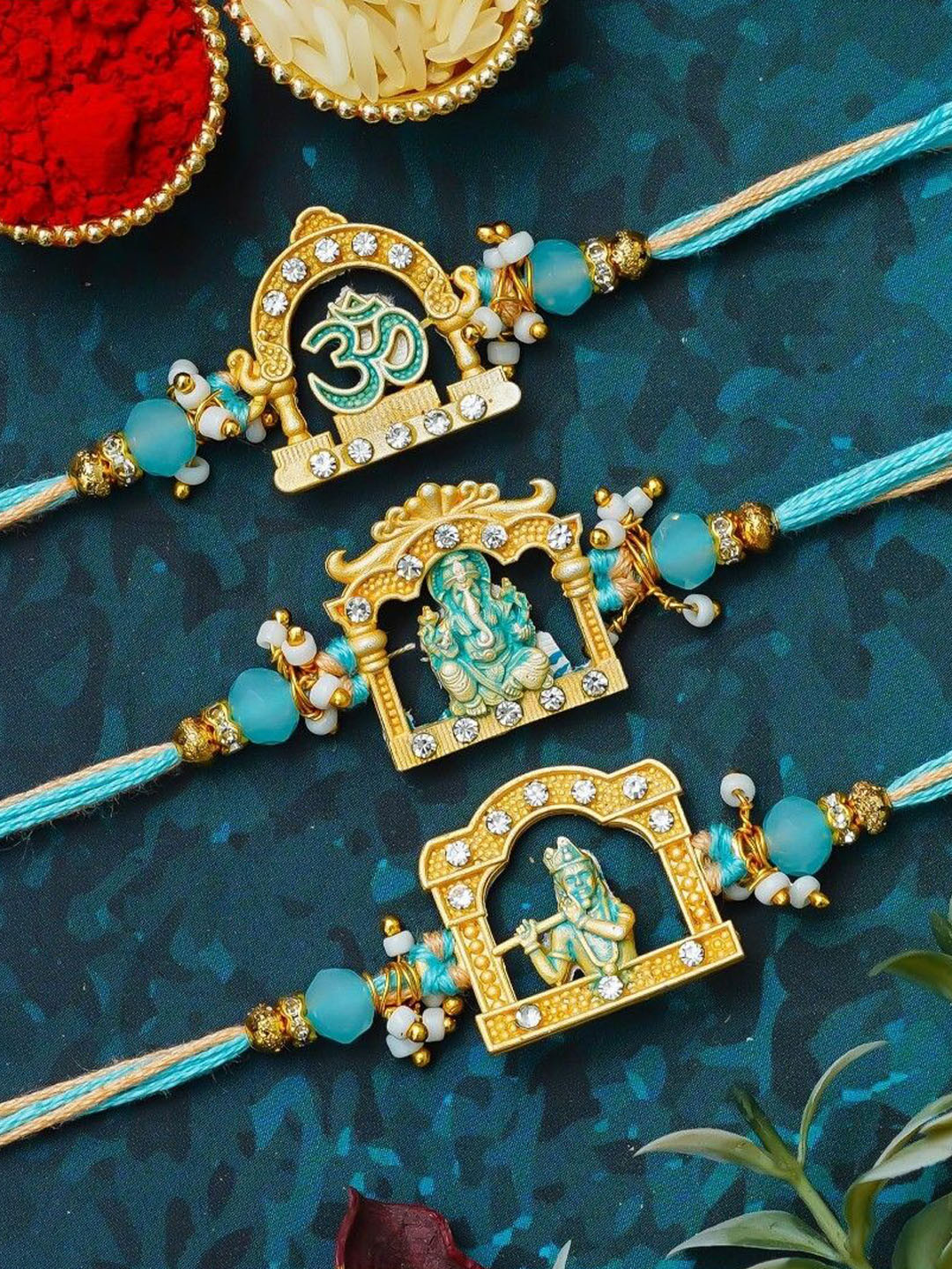 eCraftIndia Set of 3 Om Ganesha Krishna Designer Rakhis
