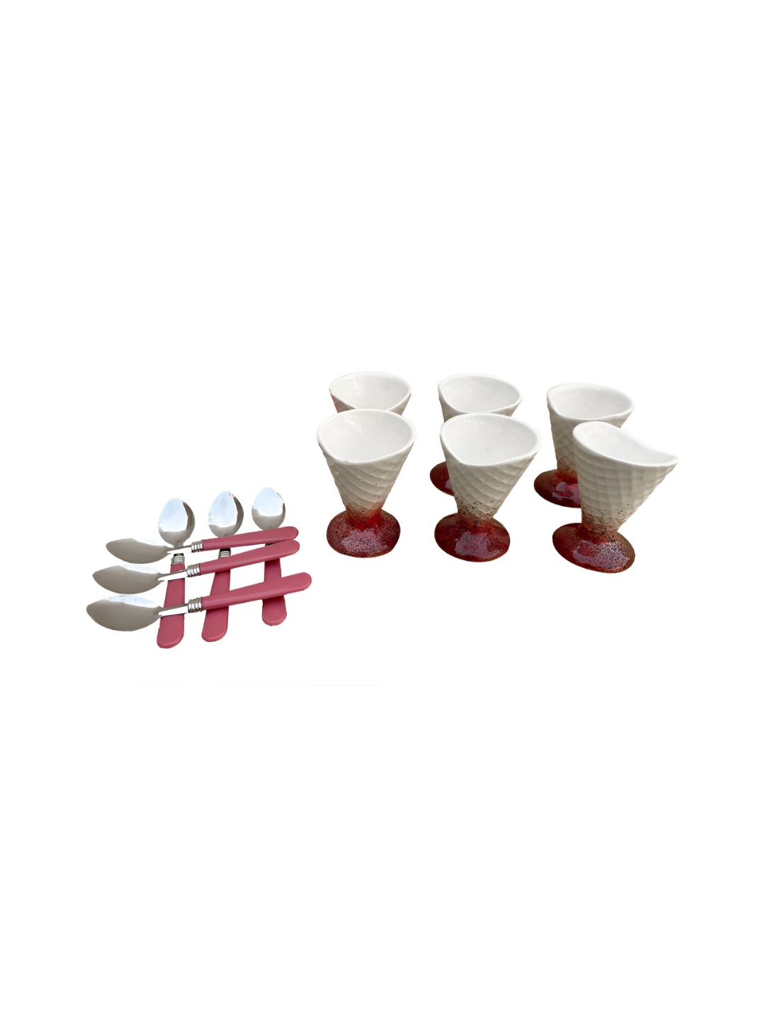 Divy Aarambh Stories Red Geometric Ceramic Handmade 6 Piece Cup with 6 Piece Spoon-320ml