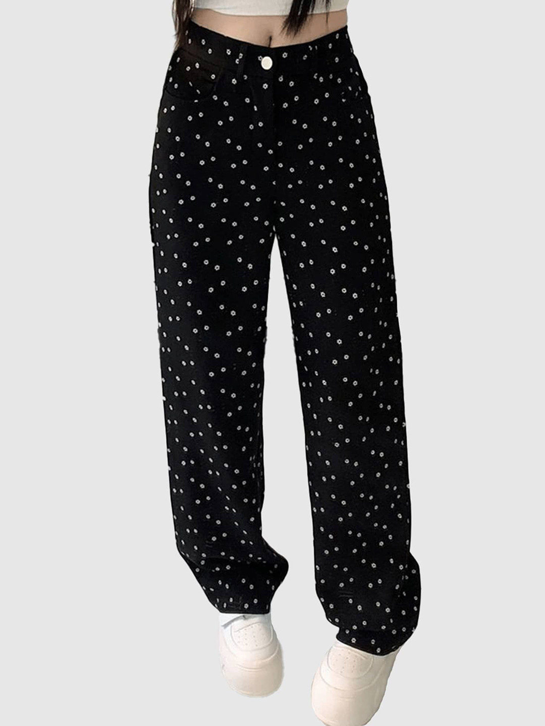 Outzidr Black Floral Wide Fit Denim