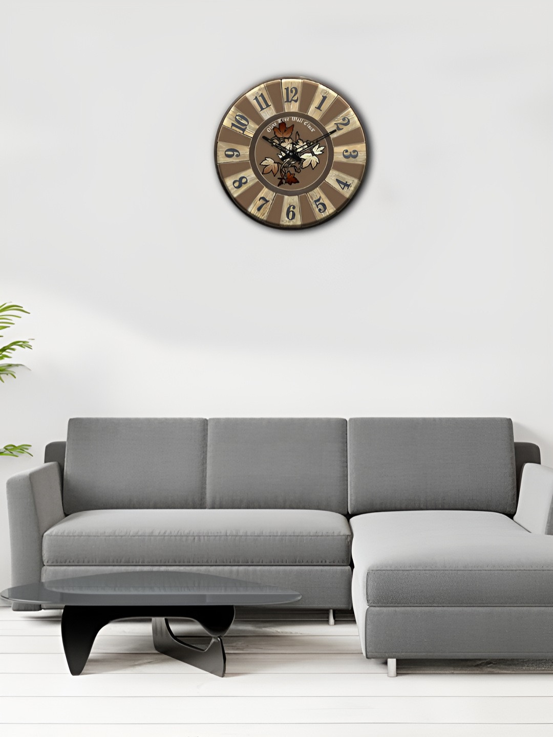 OLIVE TREE Wooden Wall Clock Brown & Black Printed Round Contemporary Wall Clock