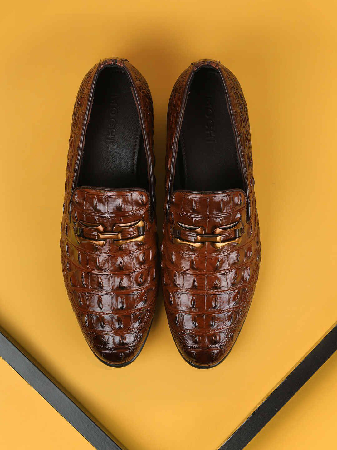 Mochi Men Woven Designed Leather Formal Slip-On Shoes