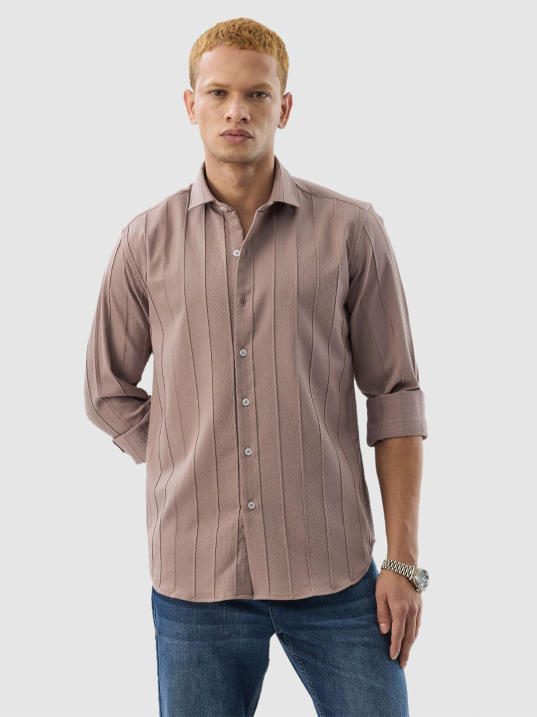 Snitch Men Light Brown Textured Shirt