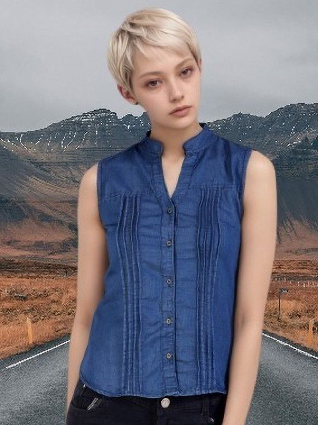 OOTPTAANG Women Denim Mandarin Collar Sleeveless Knitted Shirt