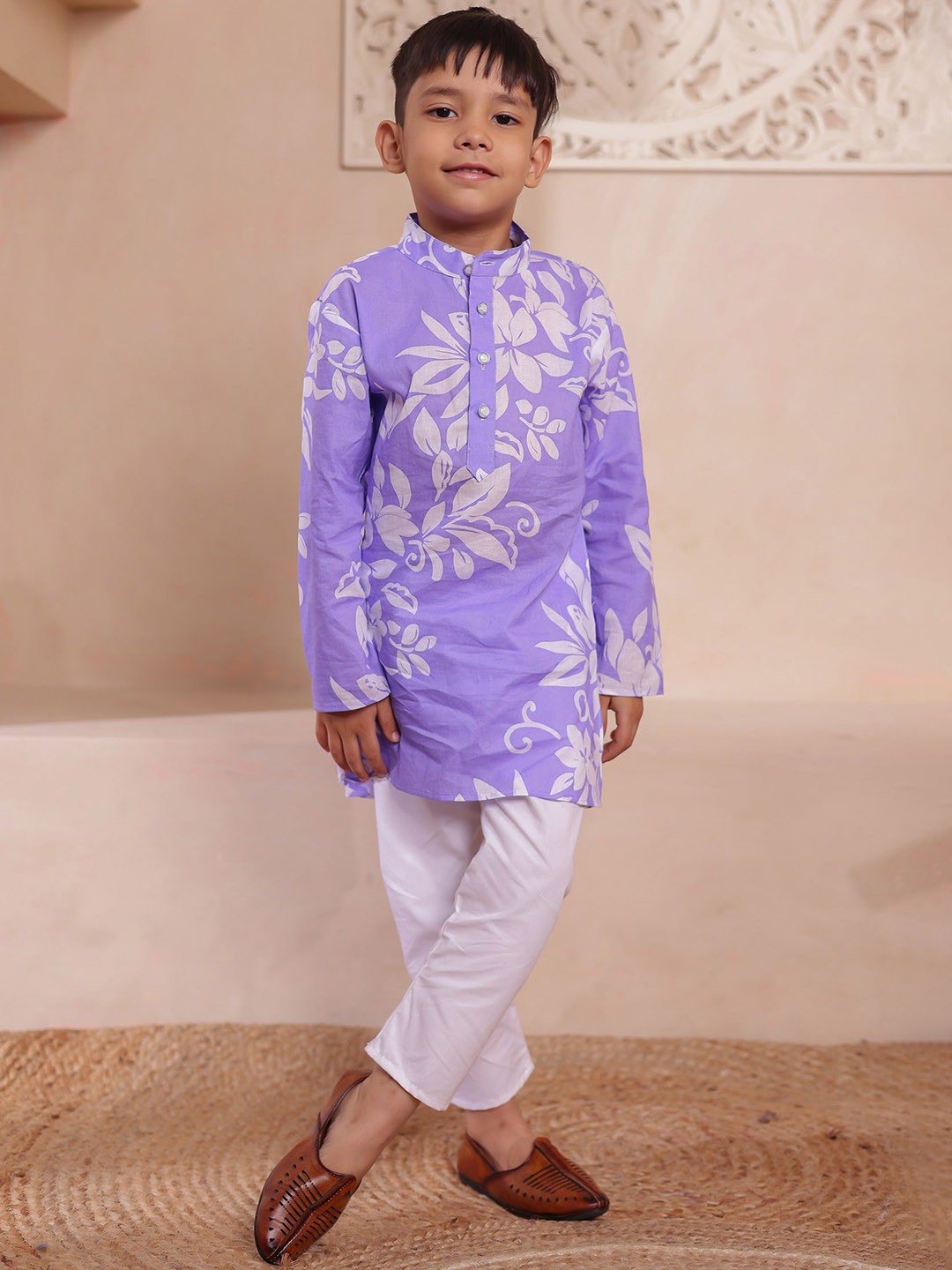 Stuffie Land Boys Floral Printed Band Collar Pure Cotton Straight Kurta With Pyjamas