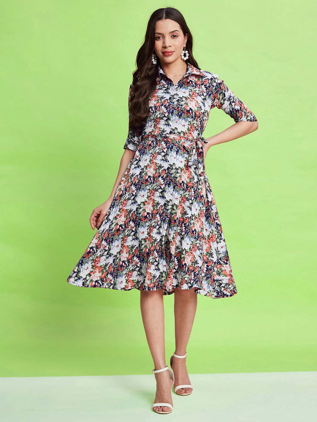 Moda Rapido Floral Print Lapel Coller Fit & Flare Dress