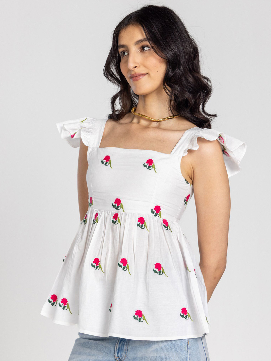 Past Modern Women Floral Printed Square Neck Cotton Peplum Top