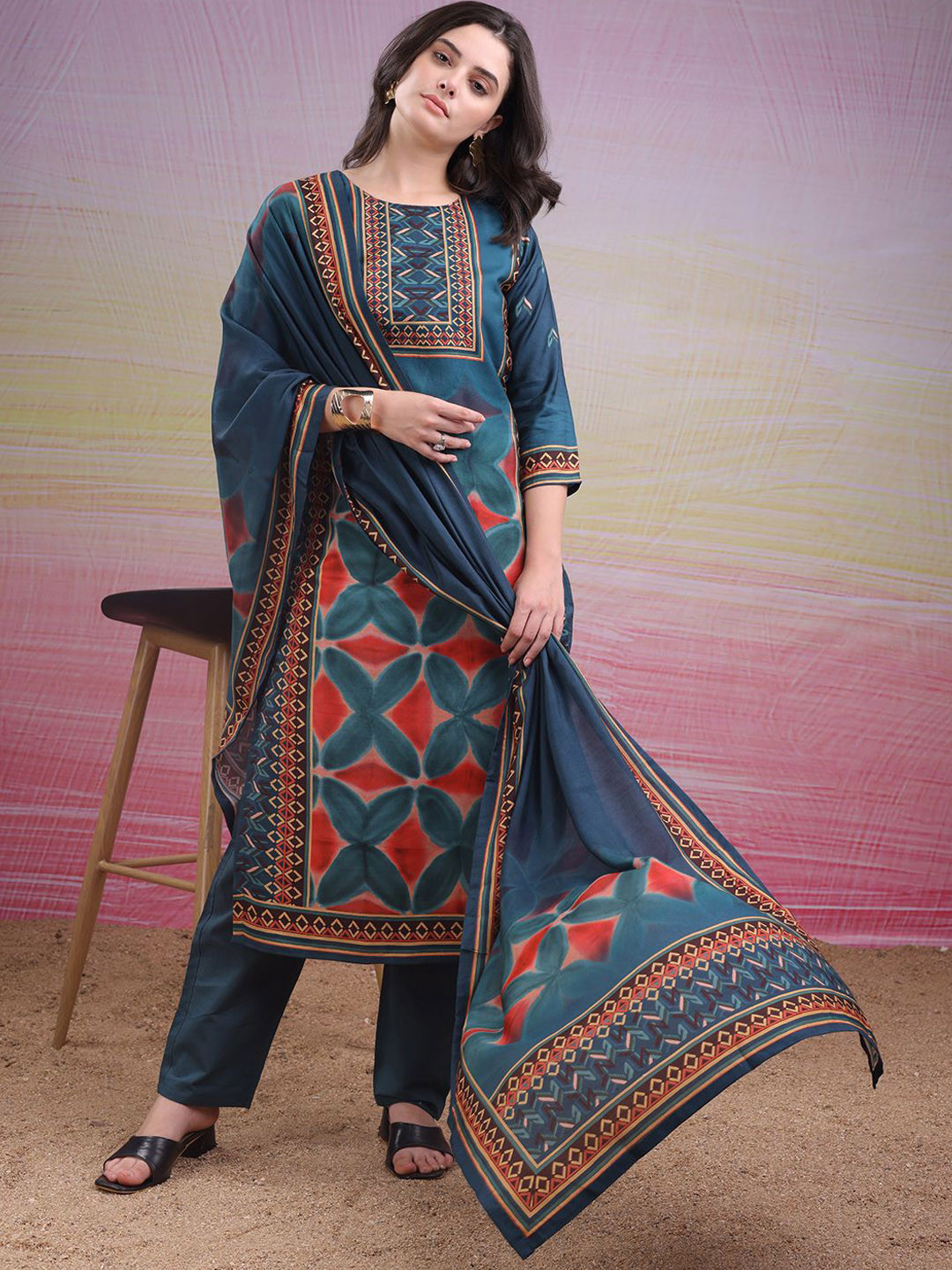 Sitaram Designer Floral Printed Silk Crepe Straight Kurta With Trousers & Dupatta