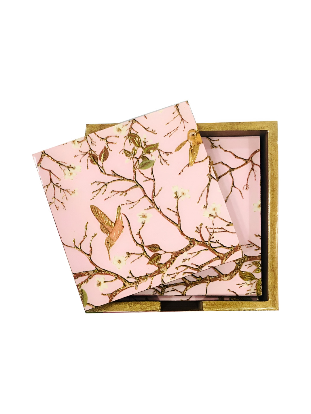 ShopMeFast 6 Pieces Pink Printed Square Shape Wooded Coasters