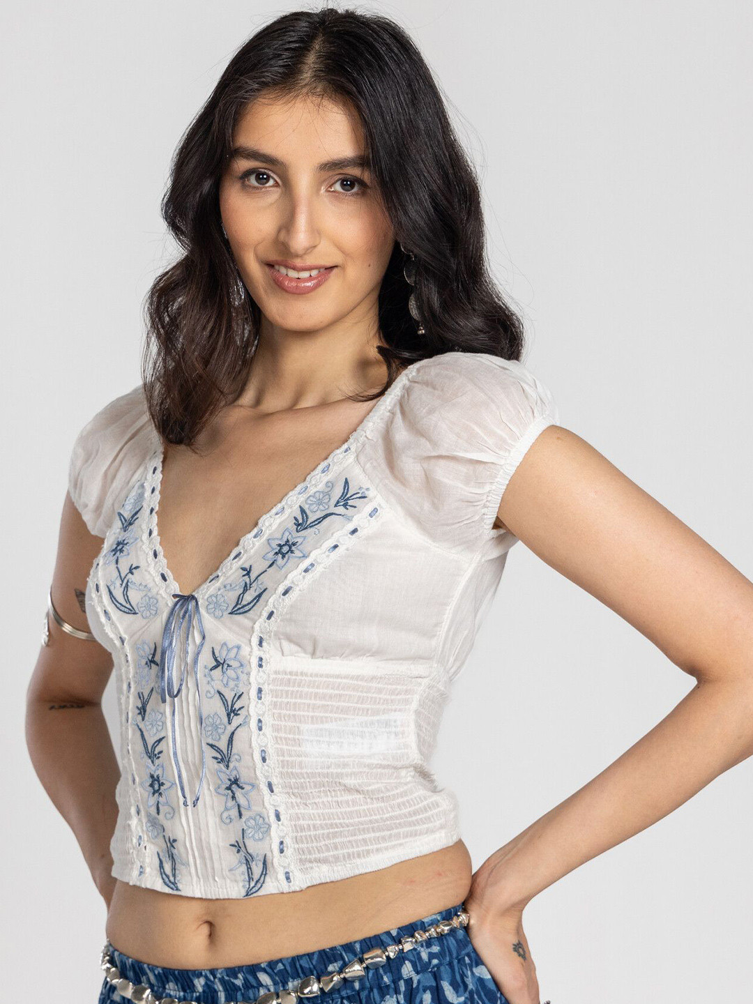 Past Modern Floral Embroidered Smocked Cotton Crop Top