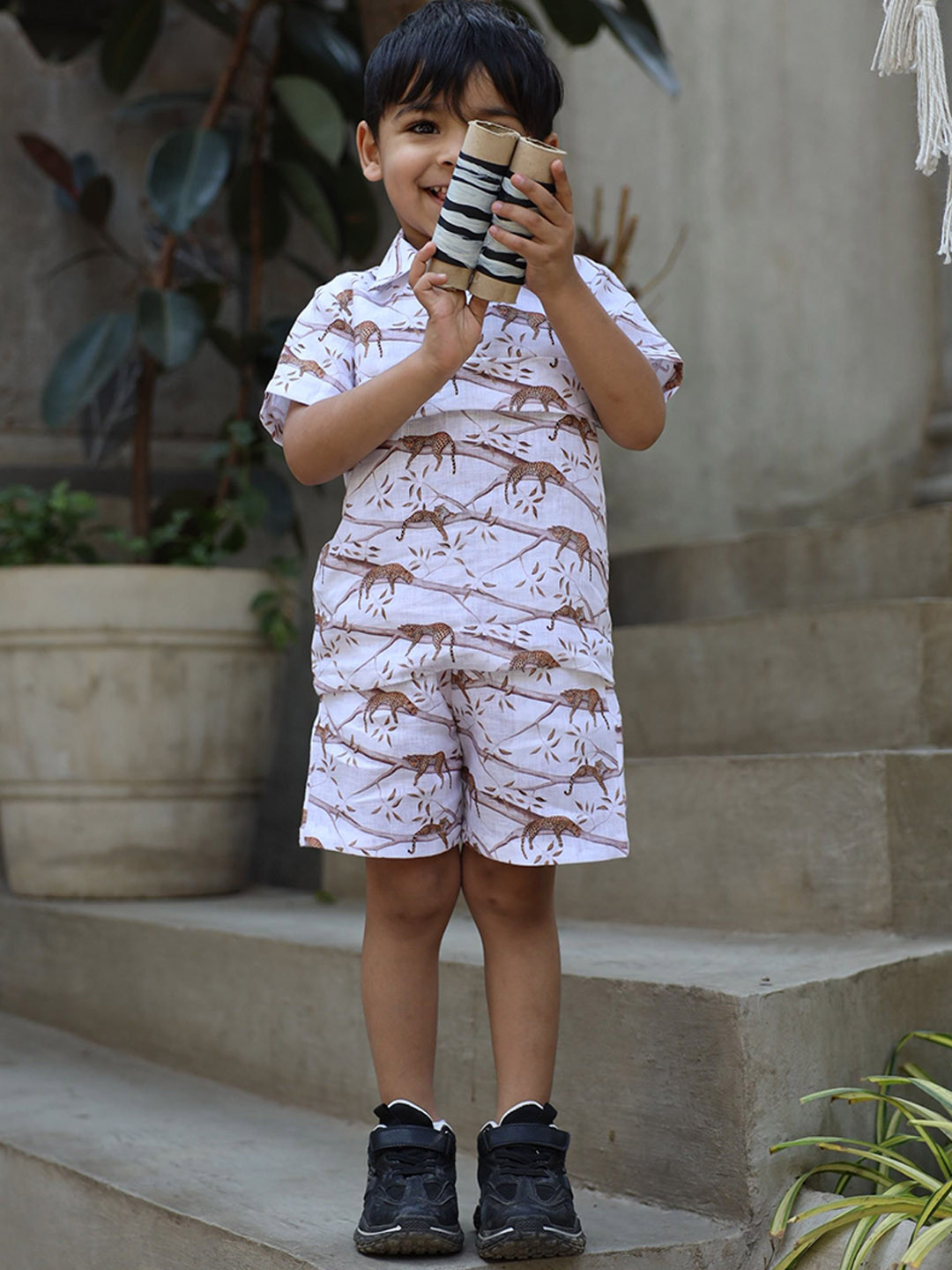 Funny Bones Clothings Boys Printed Linen Shirt With Shorts