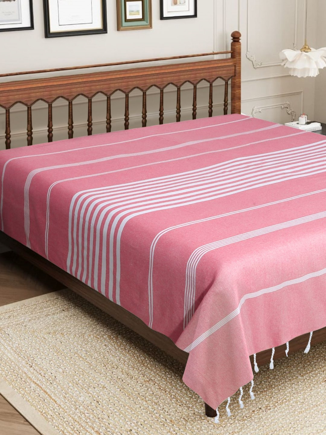 Aura Pink Striped Cotton 210 TC King Fine Bedsheet -229 x 254 cm