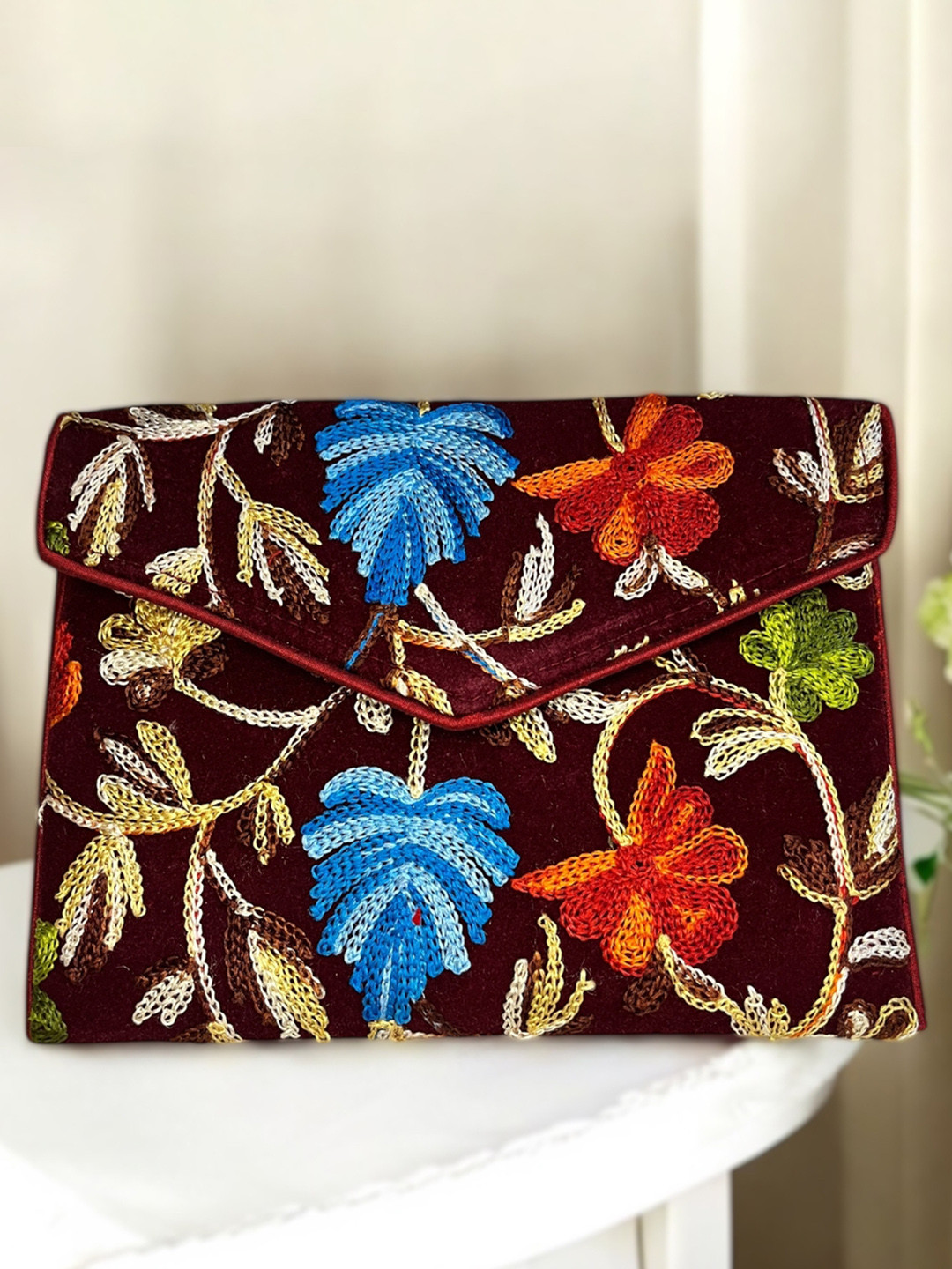Sutliyan Kashmiri Floral Embroidered Embellished Envelope Clutch With Shoulder Straps