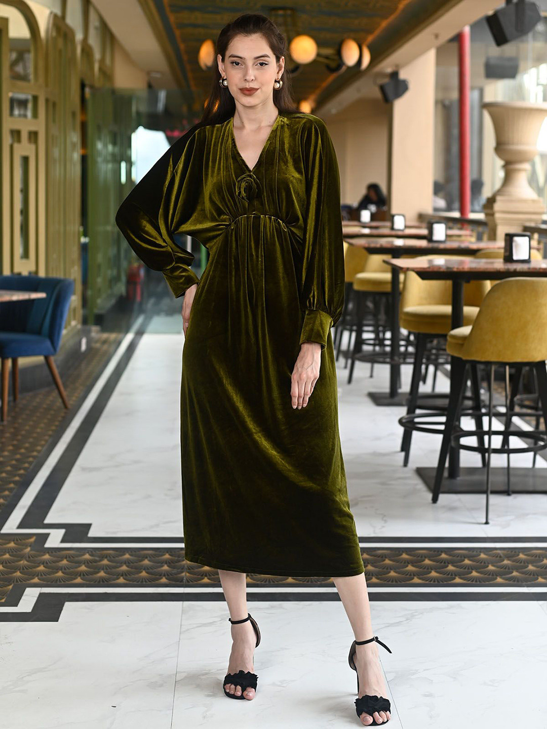 ODETTE Puff Sleeve Velvet A-Line Maxi Dress
