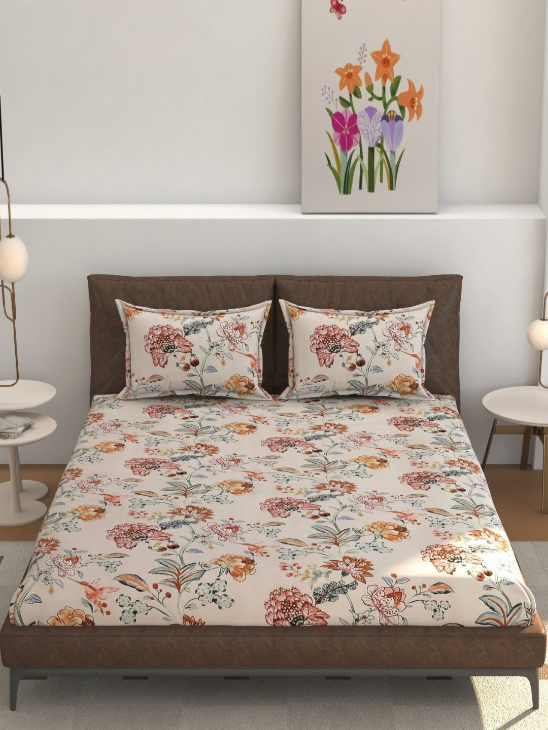 Galaxy Home Decor Creme & brown Printed 210 TC Fitted King Bedsheet Set-2.28 m x 2.54 m