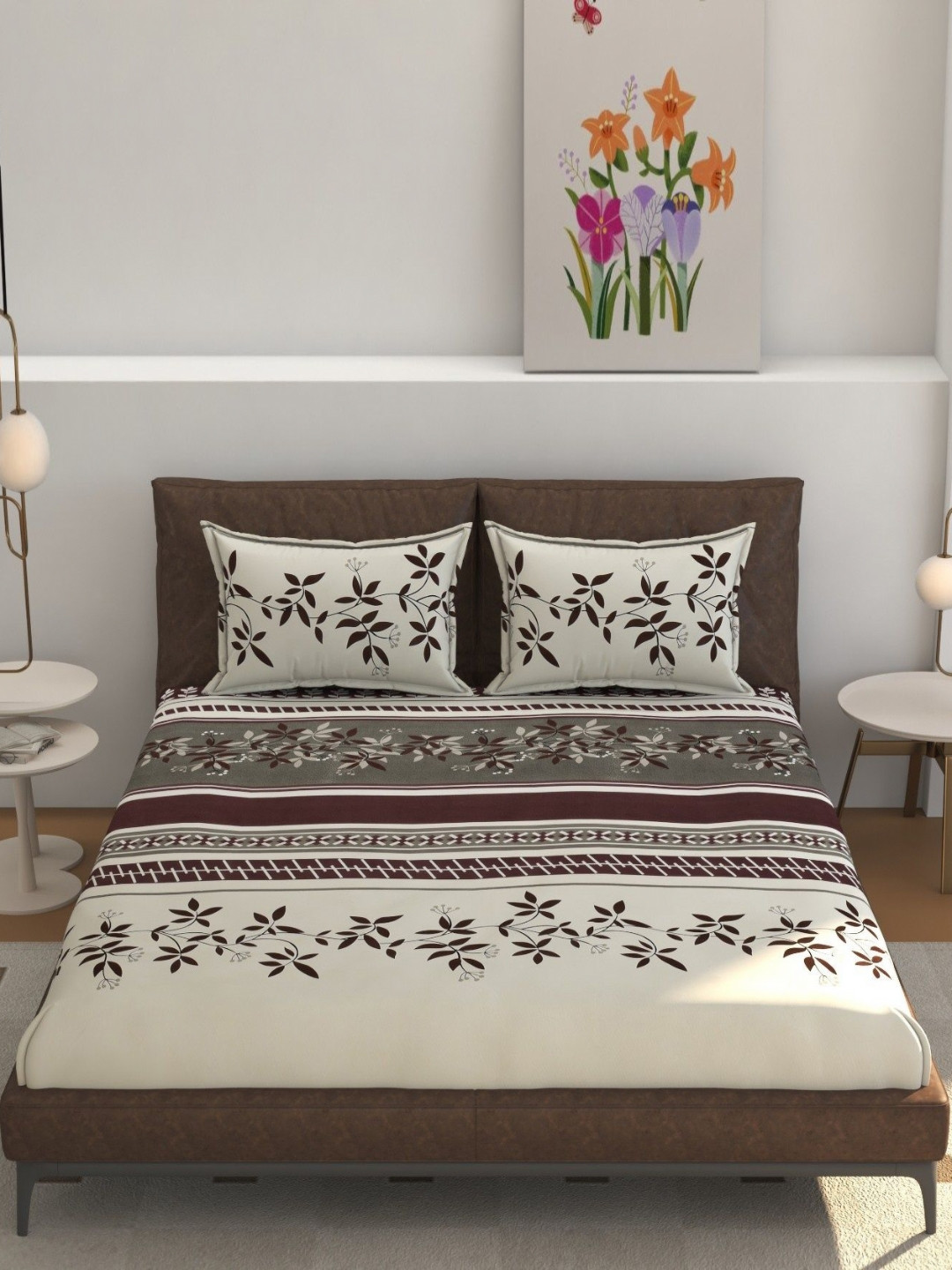 Galaxy Home Decor Creme & brown Printed 210 TC Fitted King Bedsheet Set-2.28 m x 2.54 m