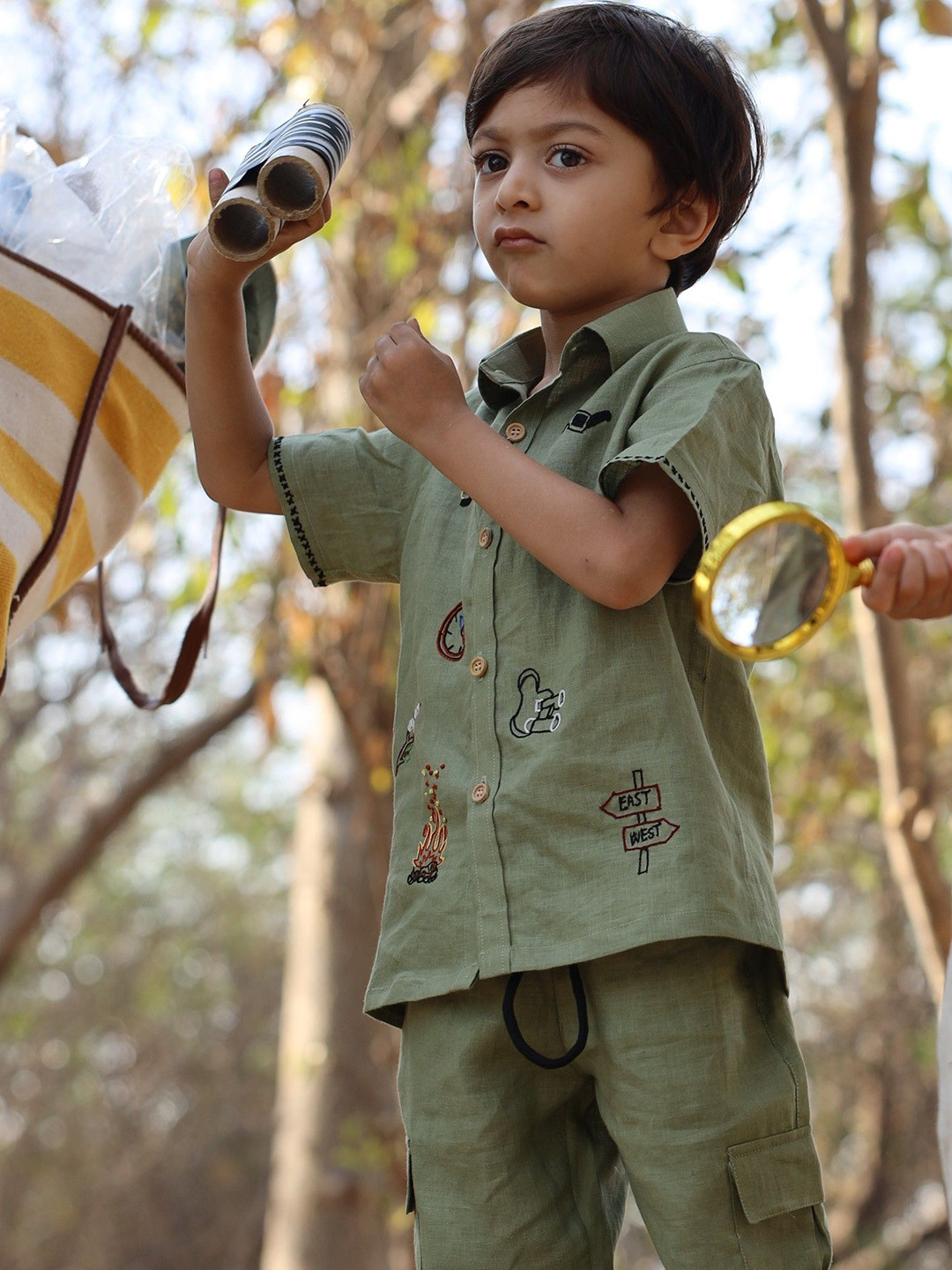 Funny Bones Clothings Boys Trails & Tent Embroidered Linen Shirt With Trouser