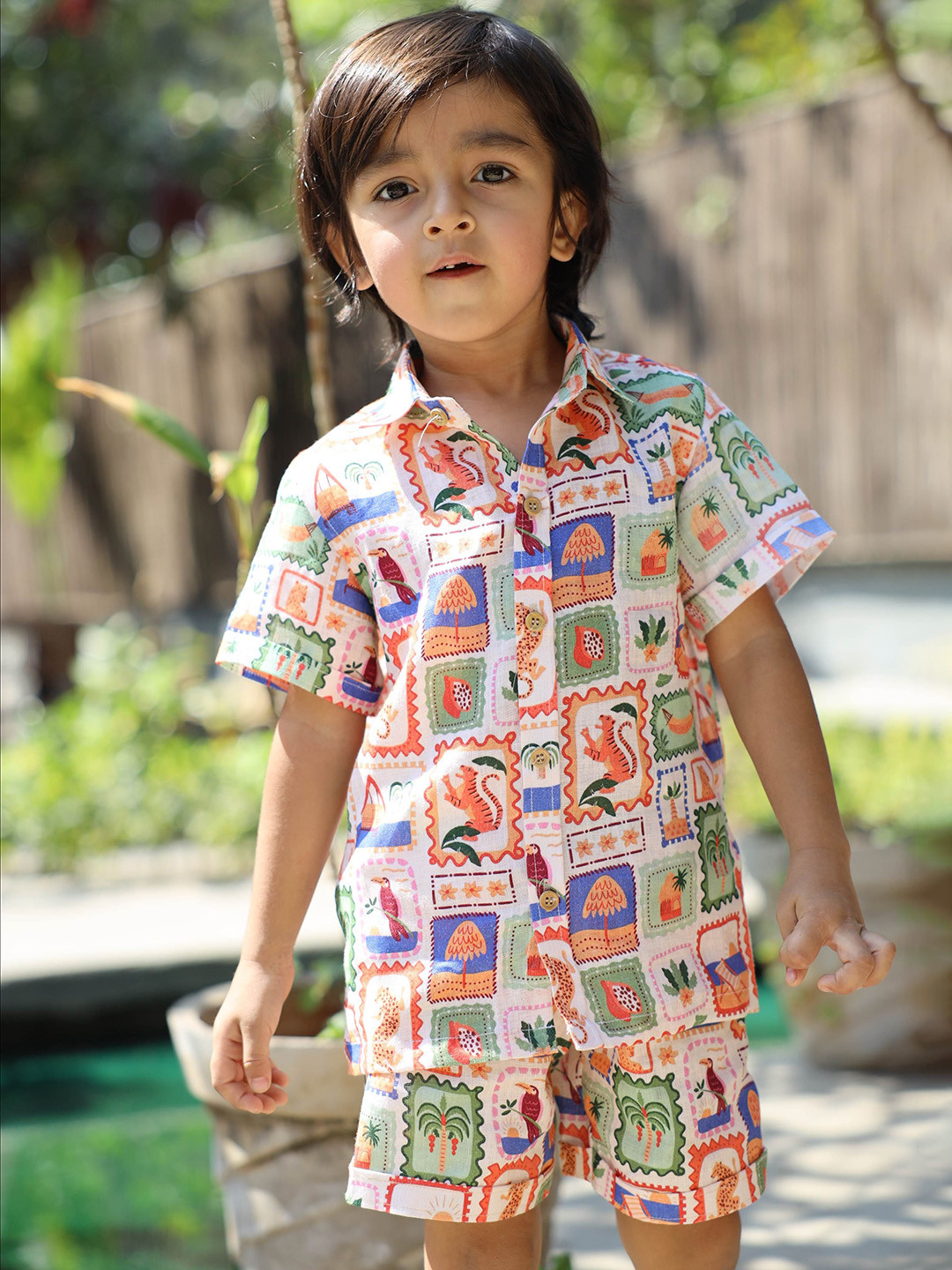 Funny Bones Clothings Infant Wild Emblem Printed Linen Shirt With Shorts