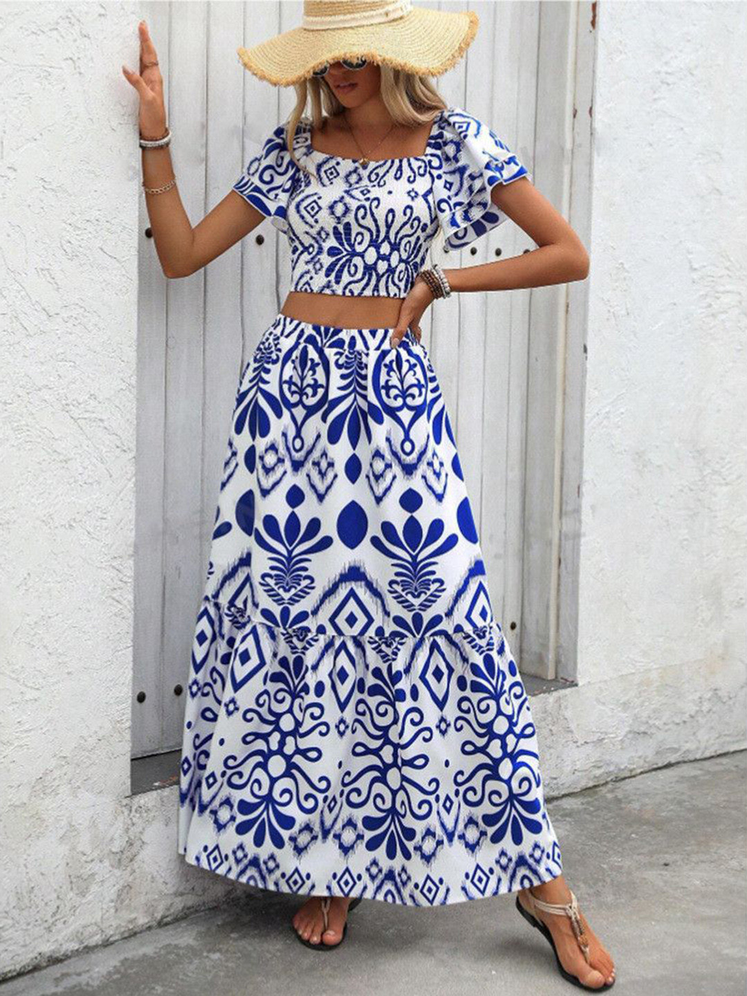 Routes by All About You Printed Square Neck Cropped Top With Skirt Co-Ords