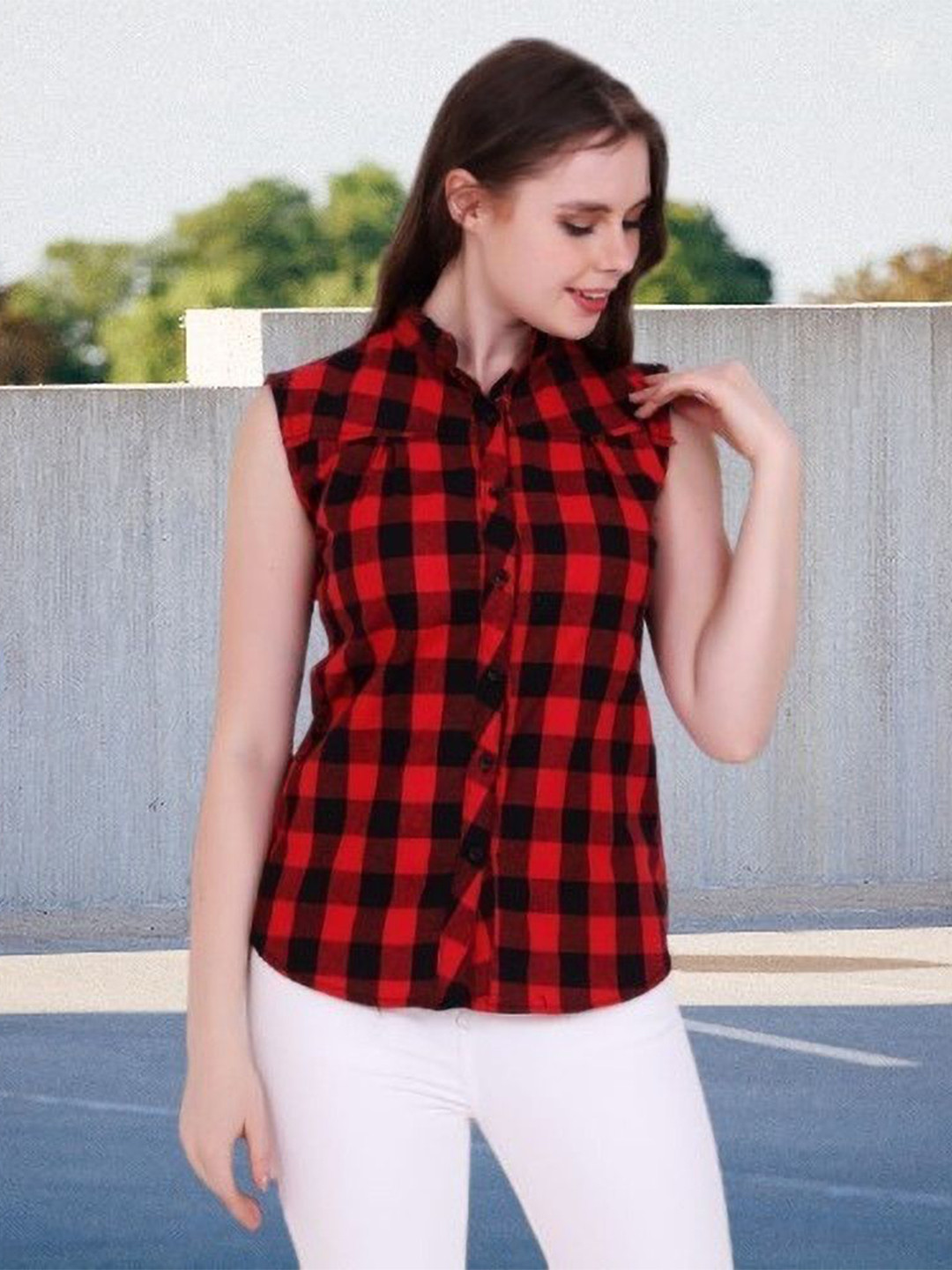 GIRLS WITH WINGS Women Buffalo Checked Mandarin Collar Cotton Casual Shirt