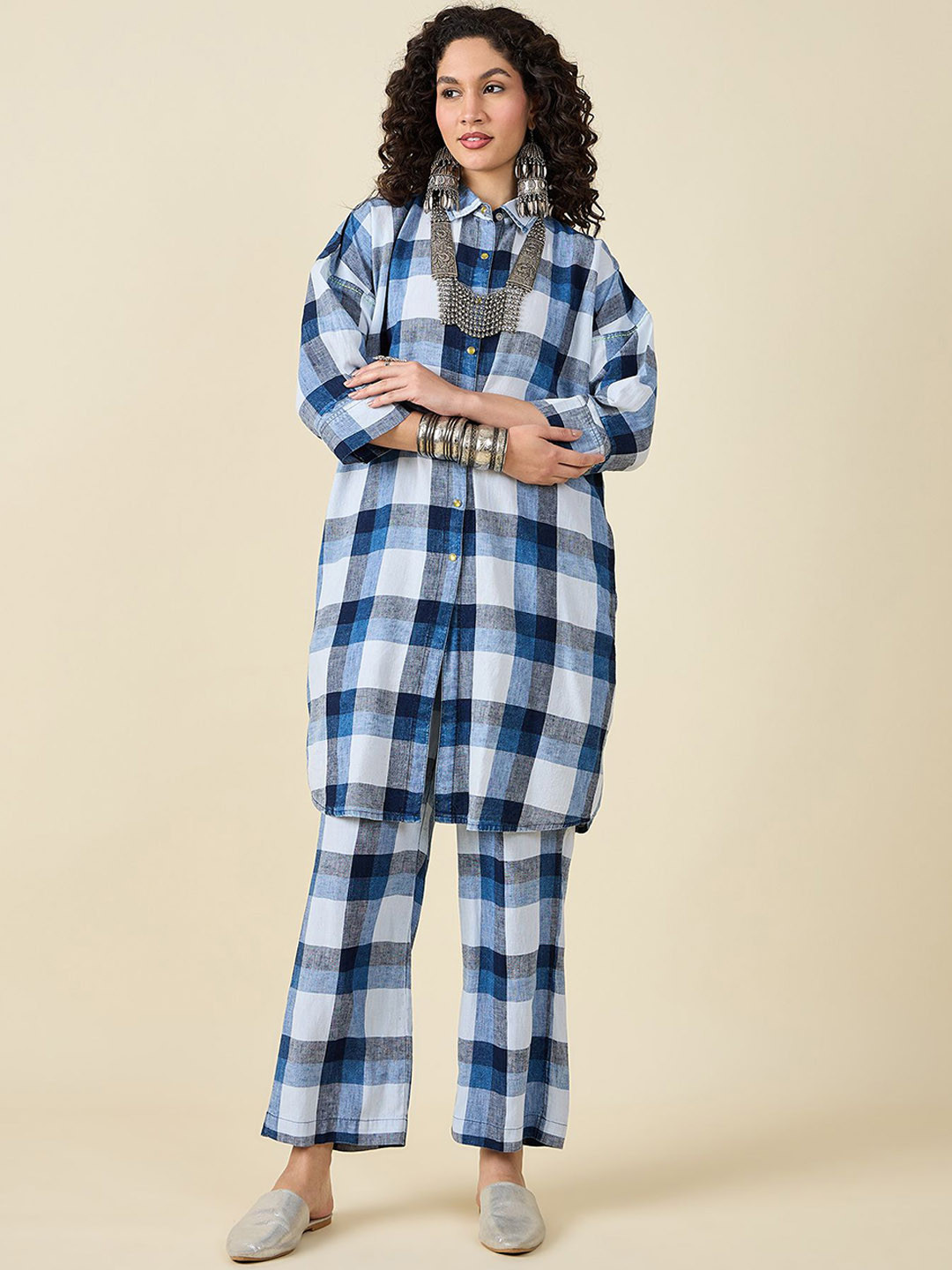 STADO Checked Shirt Collar Linen Straight Kurta With Trouser