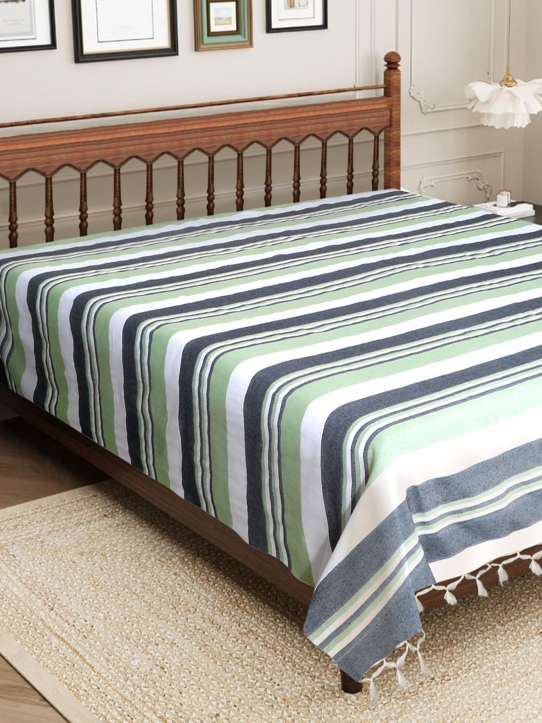 Aura Corinder Green Striped Cotton 210 TC Double Fine Bedsheet -90 x 100 inches