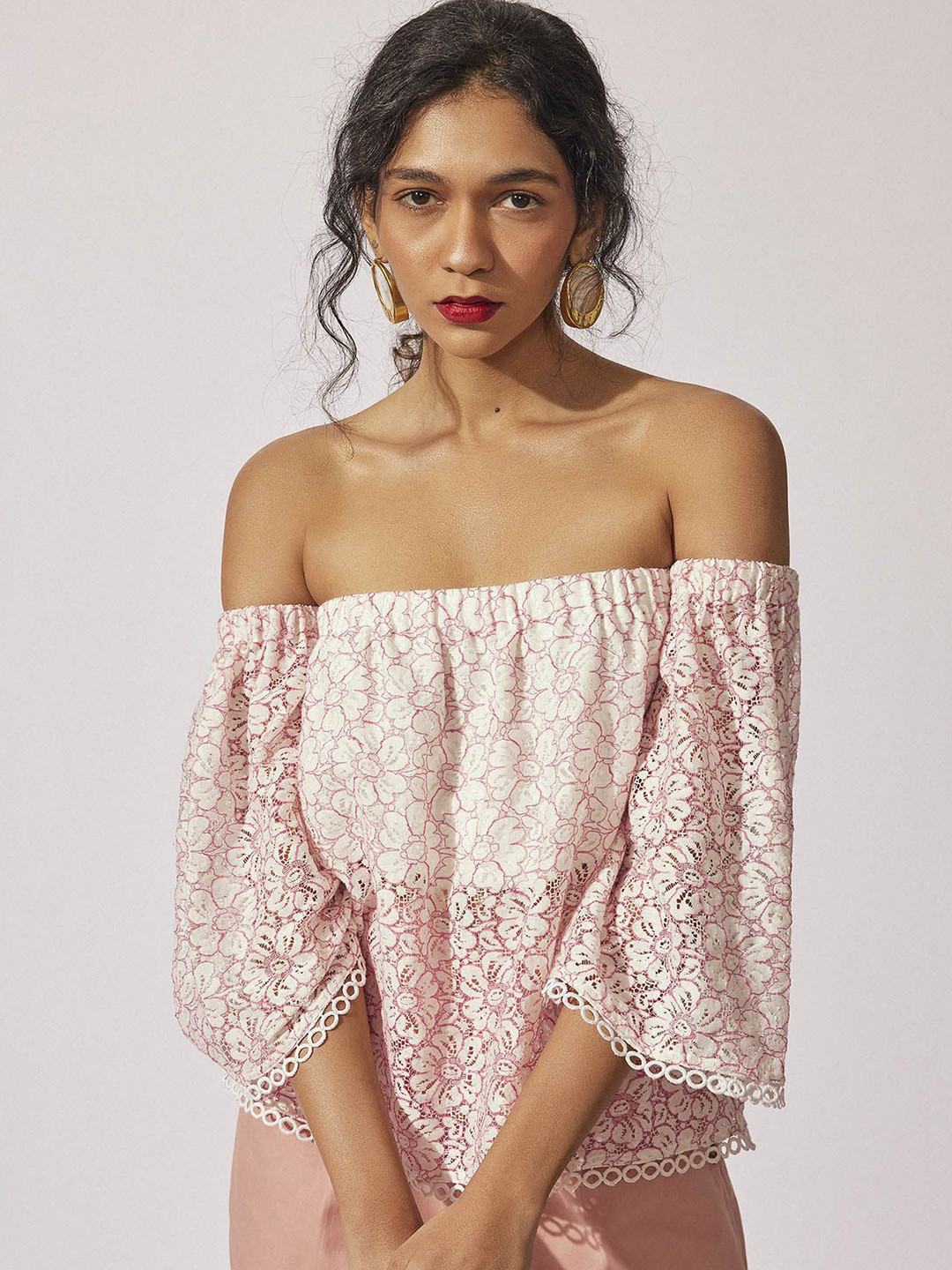 The Label Life Floral Off-Shoulder Flared Sleeve Cotton Bardot Top