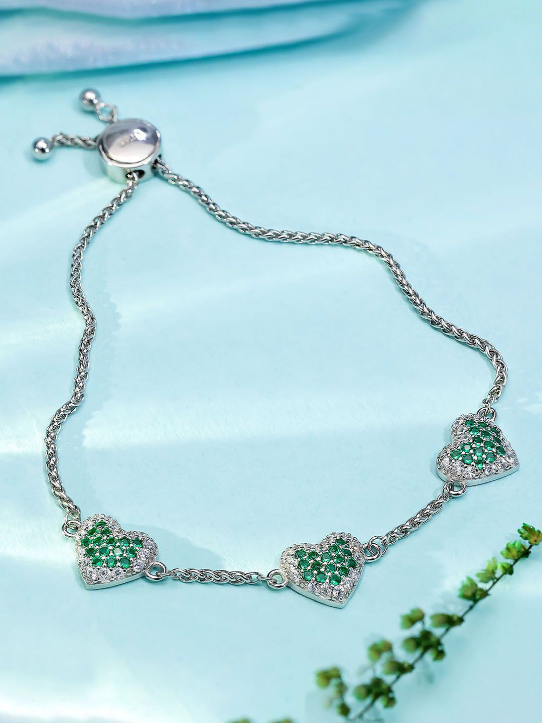 Tweov Jewels 925 Sterling Silver Cubic Zirconia Stone Studded Triple Heart Chain Bracelet