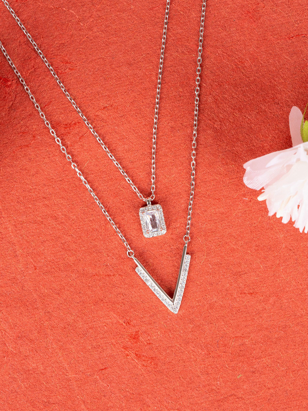 GLYTERS 92.5 Sterling Silver Rhodium-Plated Zirconia Studded Double Delight Chain