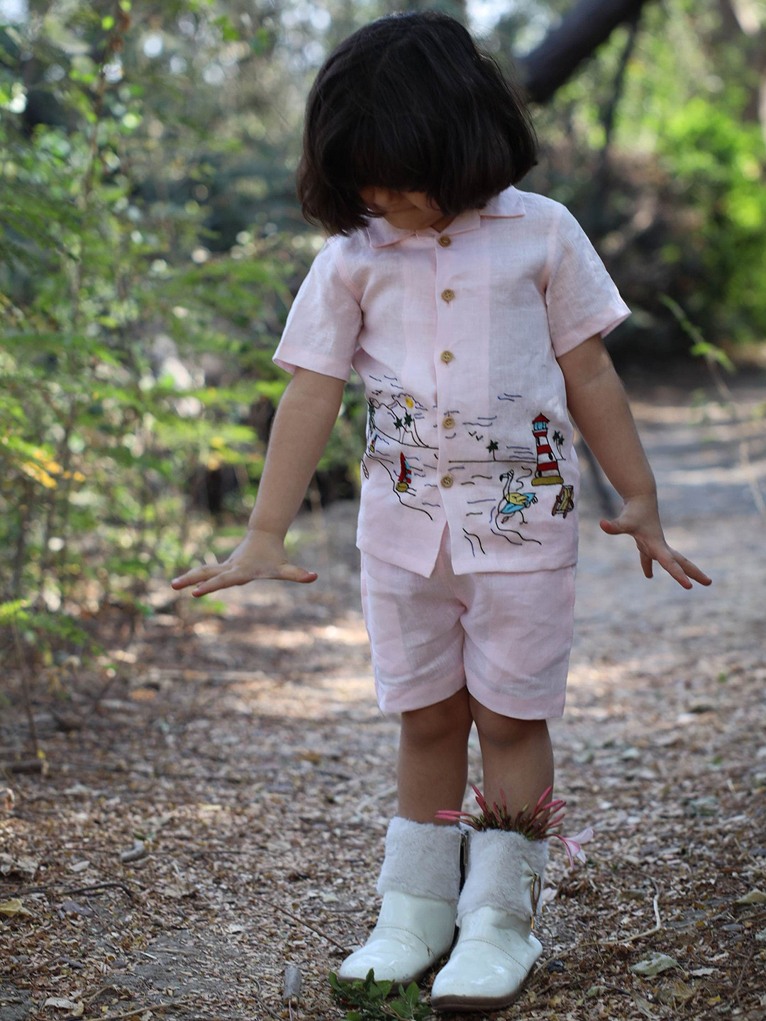 Funny Bones Clothings Boys Embroidered Linen Shirt With Shorts