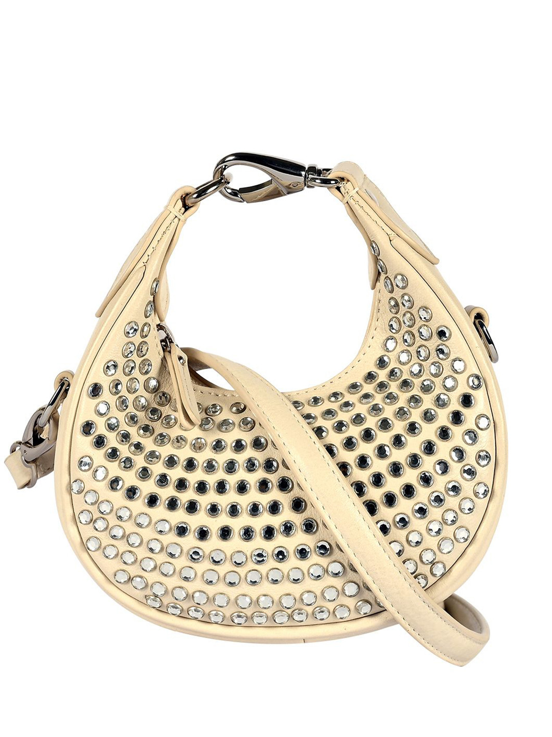 eske Women White Embellished Moon Shape Versatile Strap Leather Hobo Shoulder Bag