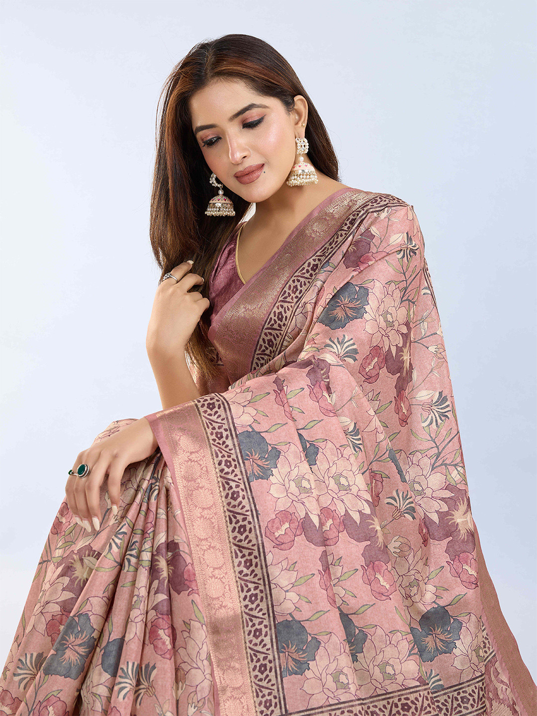 PBS PRINTS Floral Printed Zari Tussar Saree