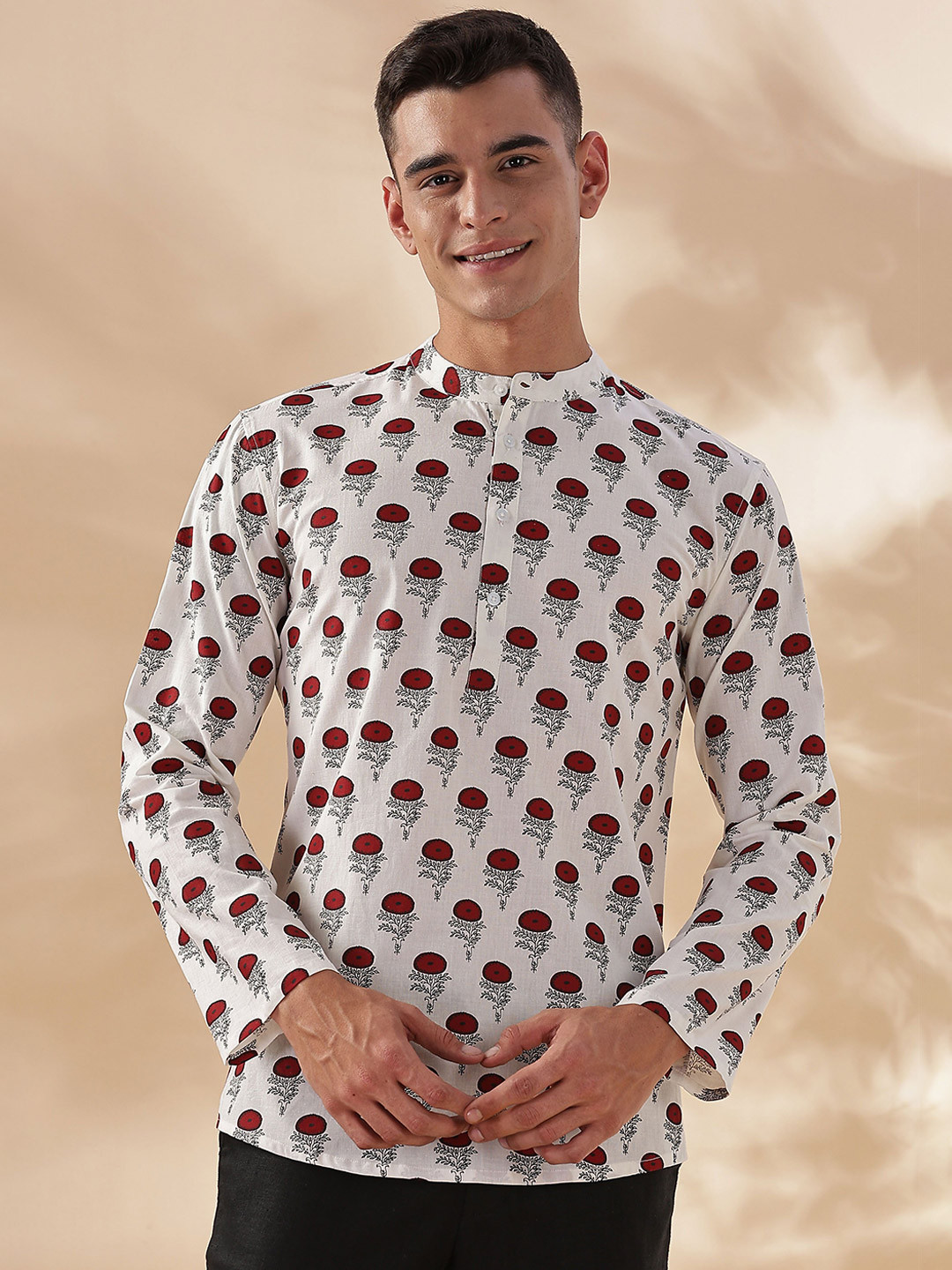 Anouk Tribal Printed Band Collar Thread Work Pure Cotton Short Kurta