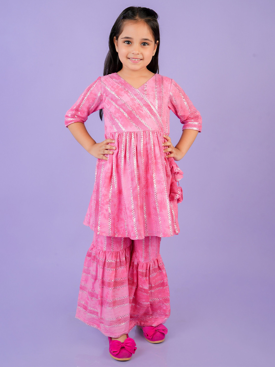 Nature Nook Kids Girls Geometric Self Design Angrakha Pure Cotton Kurta With Sharara