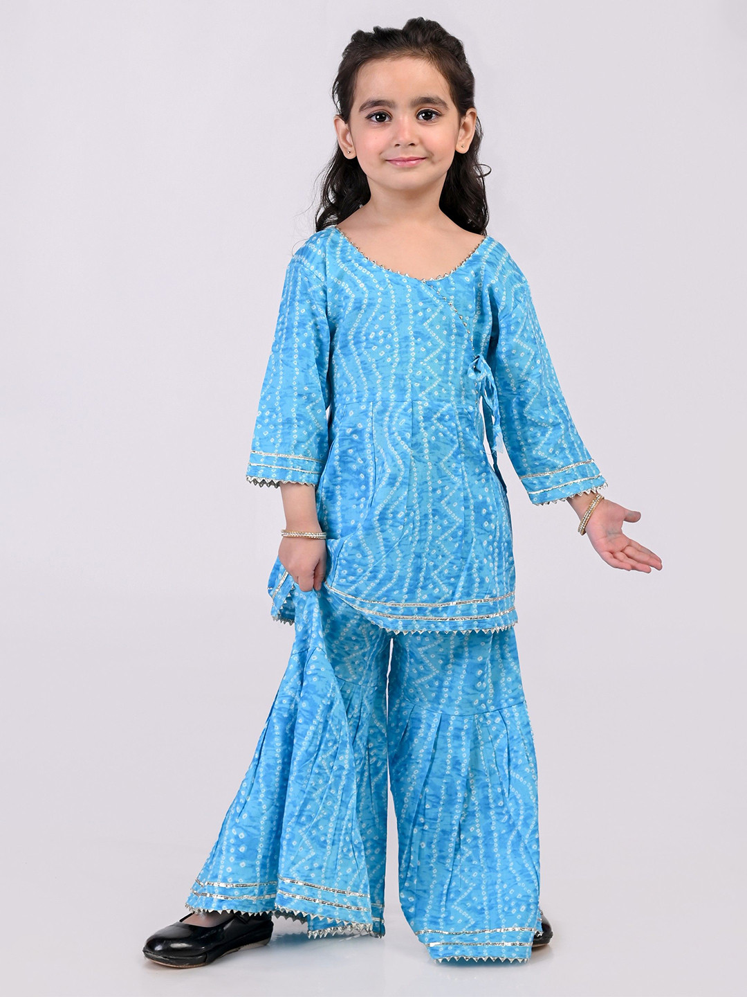 Nature Nook Kids Girls Bandhani Printed Angrakha Pure Cotton Kurti With Sharara