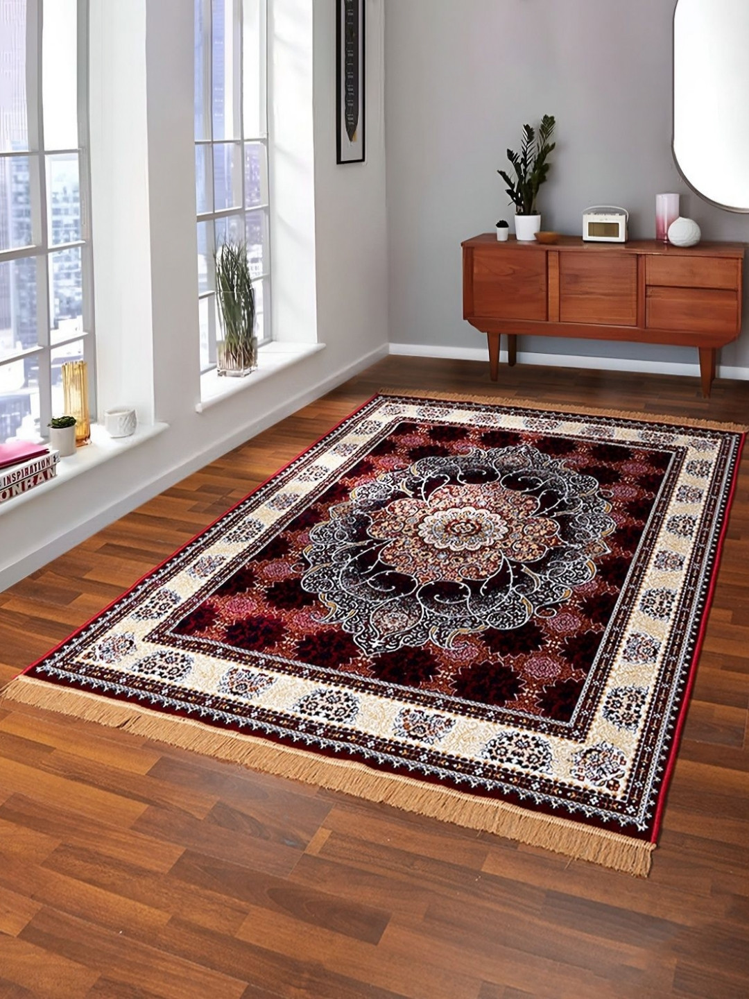 GRHAMOY Brown & White Ethnic Motifs Printed Traditional Carpet