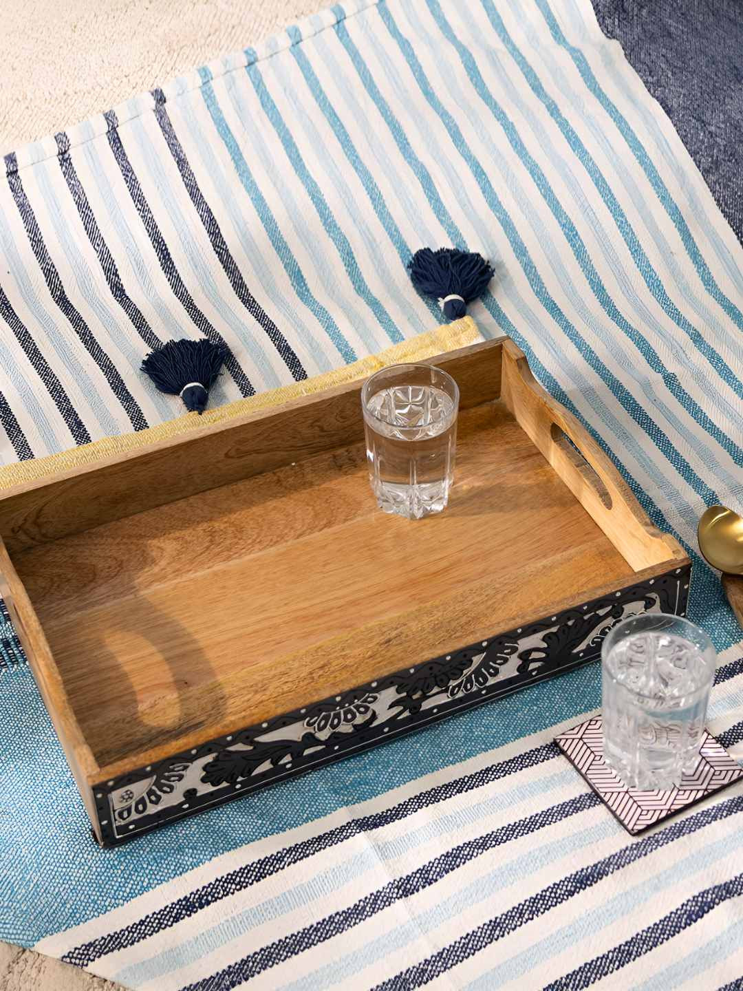 THREADVIBE LIVING Brown Textured Mango Wood Wooden Rectangular Tray