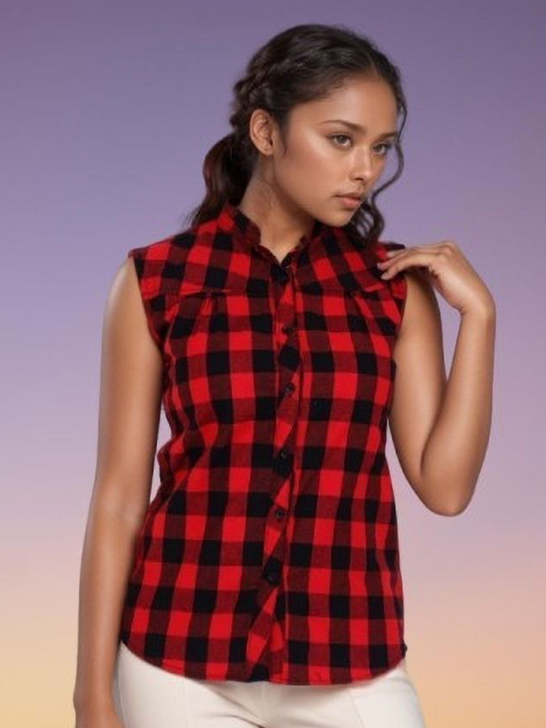 GIRLS WITH WINGS Women Buffalo Checked Mandarin Collar Cotton Casual Shirt