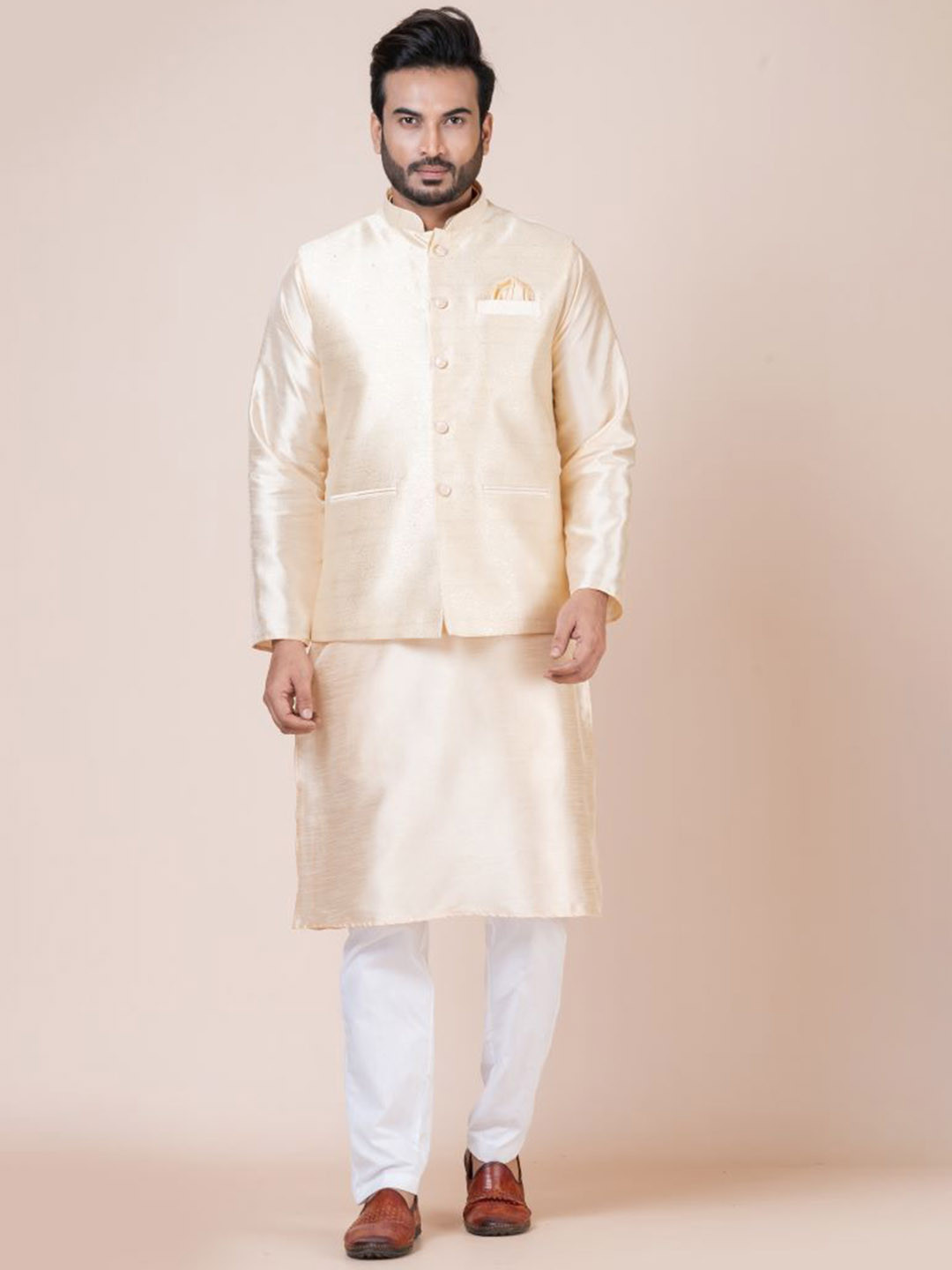 Nawaz's Kurta Mandarin Collar Straight Kurta With Trousers And Nehru Jacket