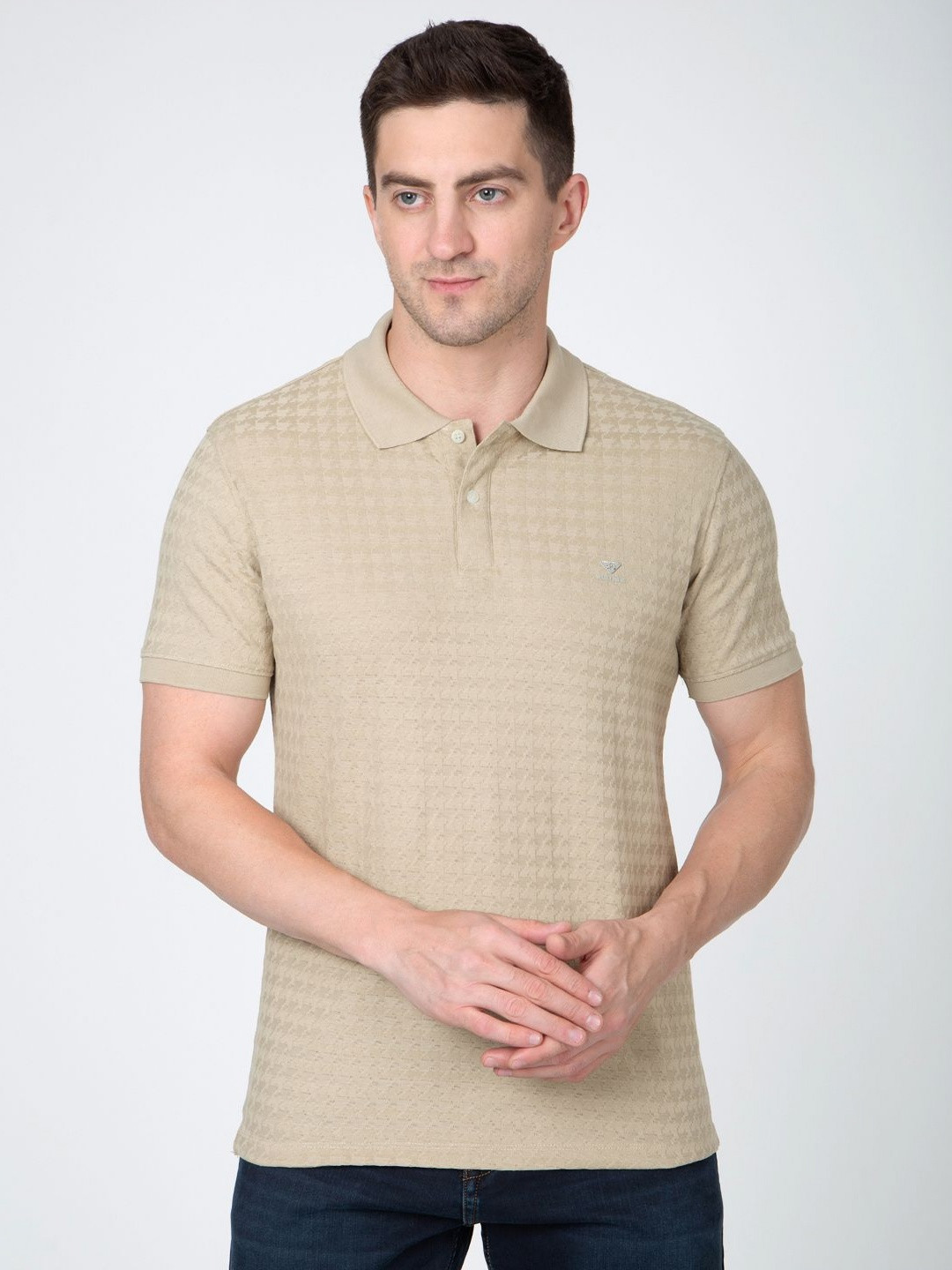 Sparky Men Olive Green Polo Collar Self Design T-shirt