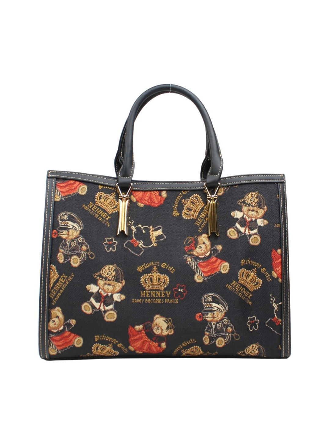 Henney Bear Floral Printed Structured Handheld Bag with Applique
