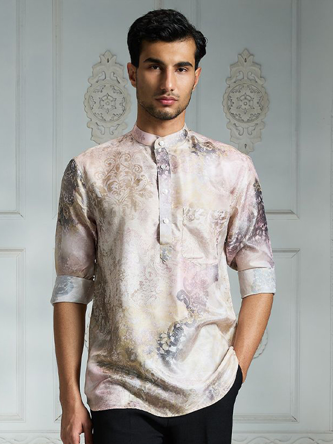 Rivaar By Rocky Star Men Floral Printed Band Collar Silk Casual Shirt