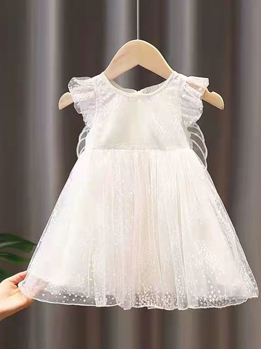 YK Girls Self Design Flutter Sleeves Fit and Flare Dress