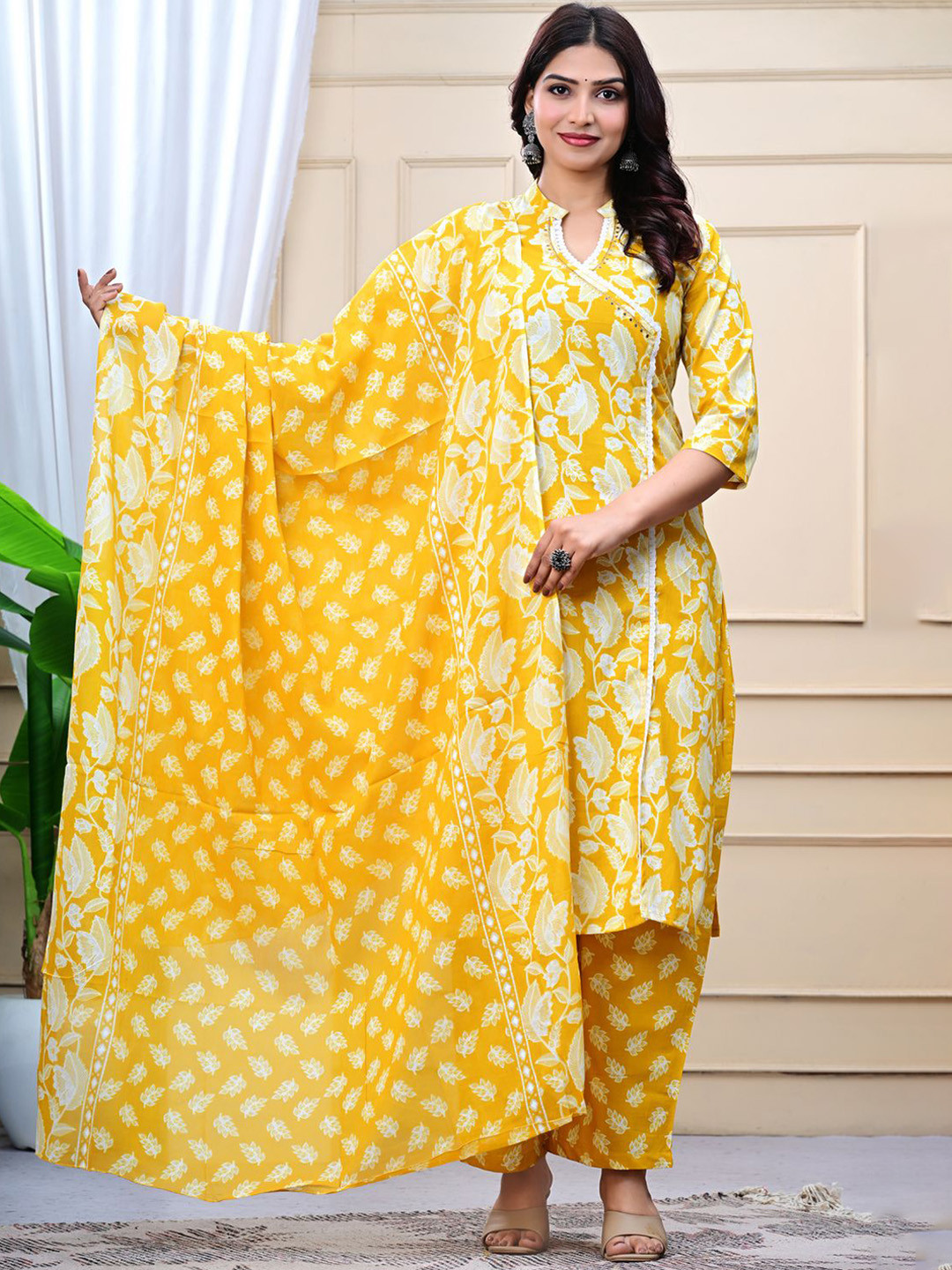 k d fab Floral Printed Angrakha Mirror Work Pure Cotton Kurta With Palazzos & Dupatta