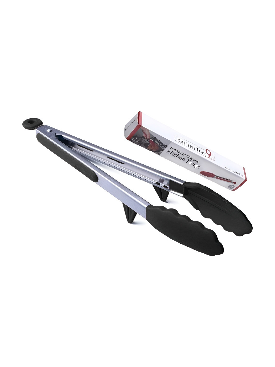 We3 Black And Silver Toned Stainless Steel Tongs