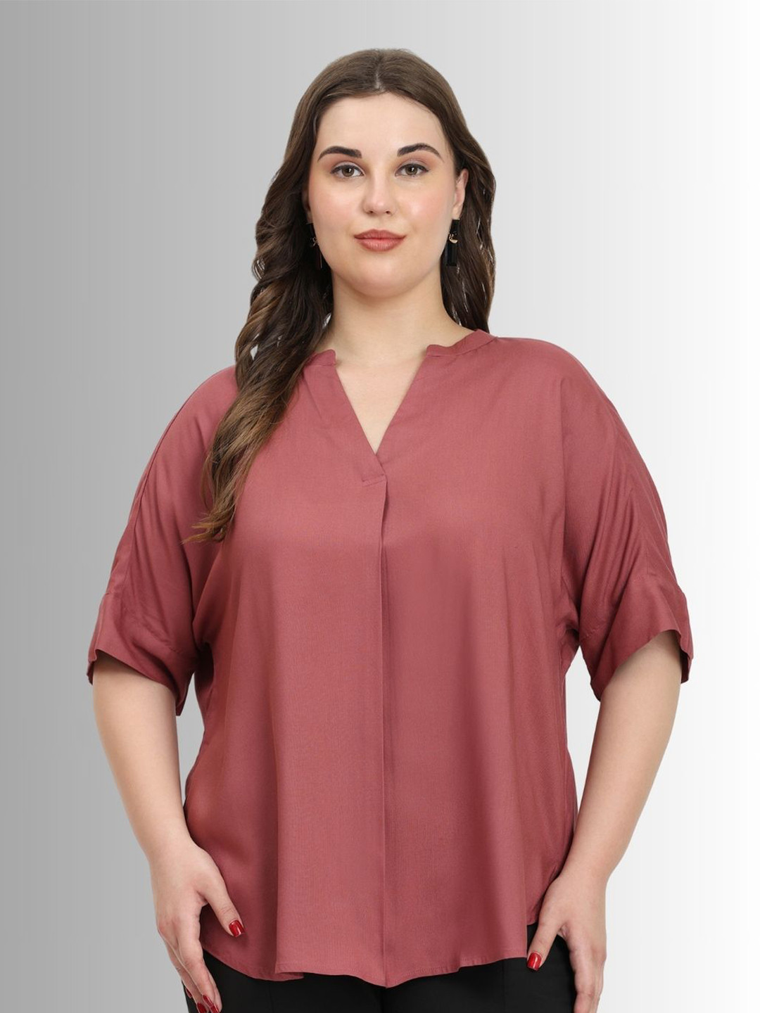 SINDOORI Women Plus Size V-Neck High-Low Top
