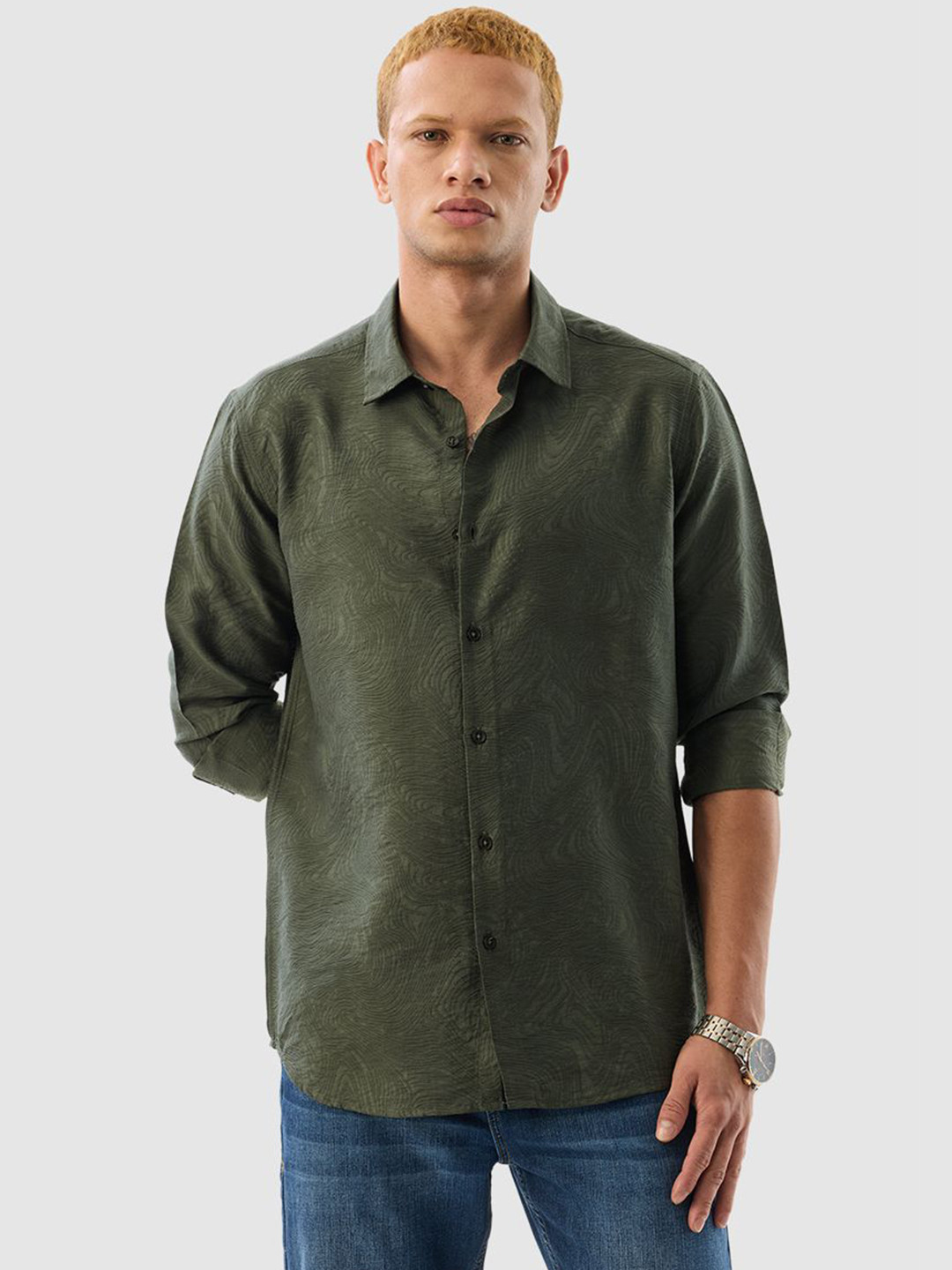 Snitch Men Dark Green Textured Shirt