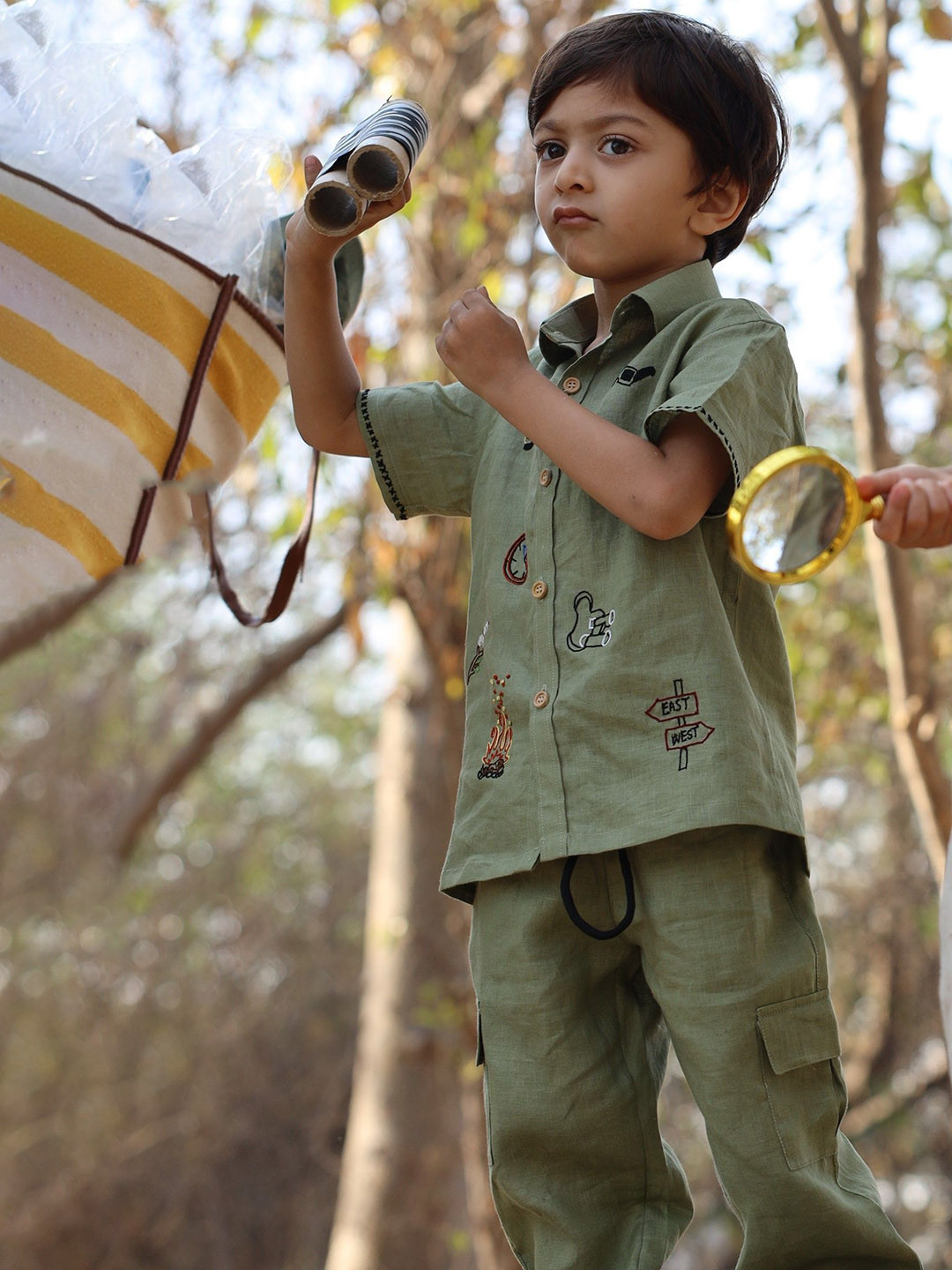 Funny Bones Clothings Boys Trails & Tent Embroidered Linen Shirt With Trouser