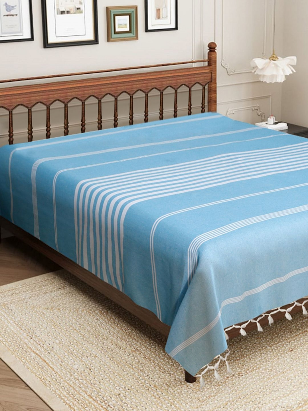 Aura Smalt Blue Striped Cotton 210 TC Double Fine Bedsheet -90 x 100 inches