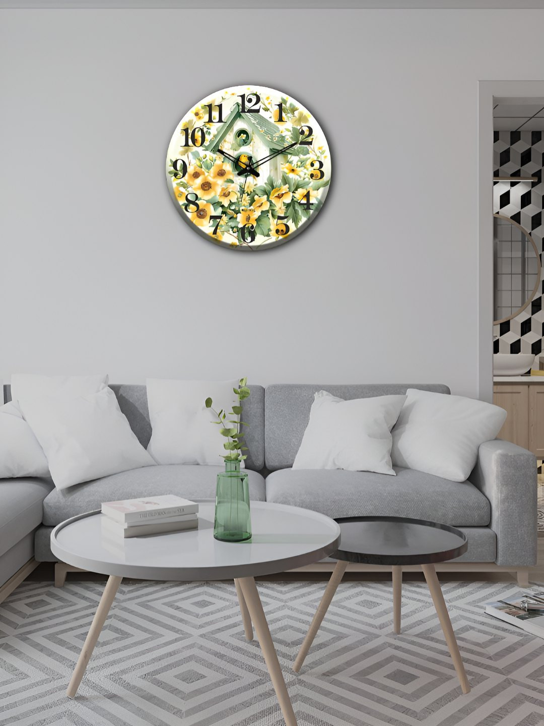OLIVE TREE Wooden Wall Clock White & Yellow Printed Round Contemporary Wall Clock